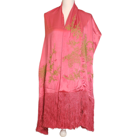 Megan Park Accessories - Megan Park England Fuchsia Silk Shawl - Gold Elegance and Fringe Flourish